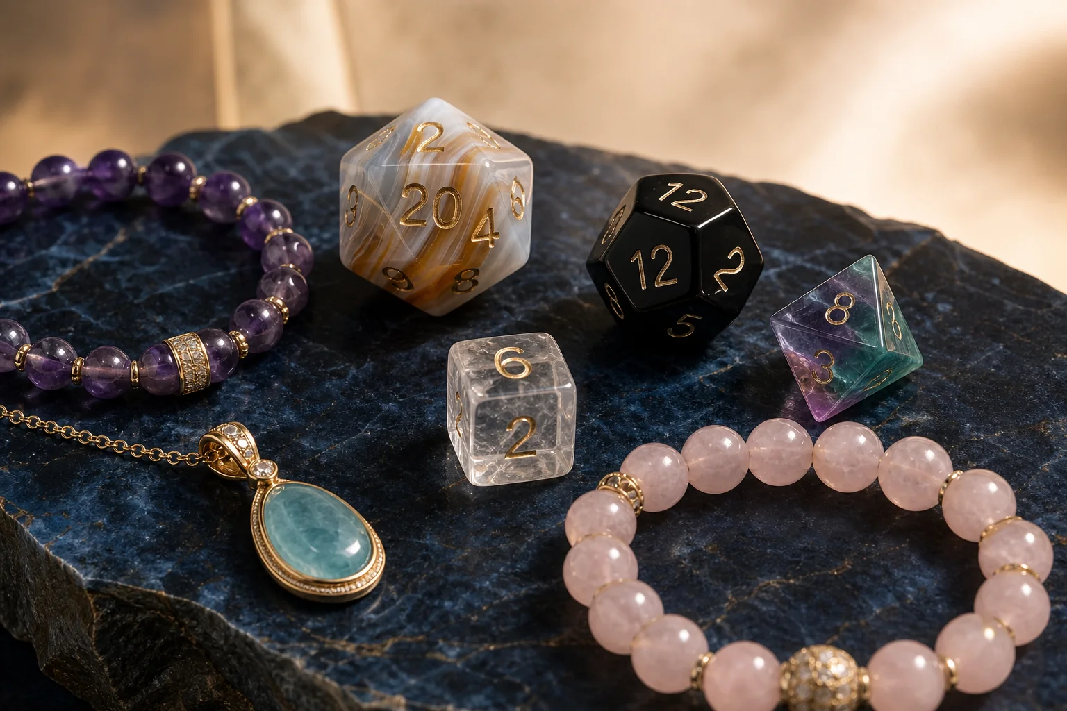 Premium handcrafted natural gemstone dice and jewelry collection
